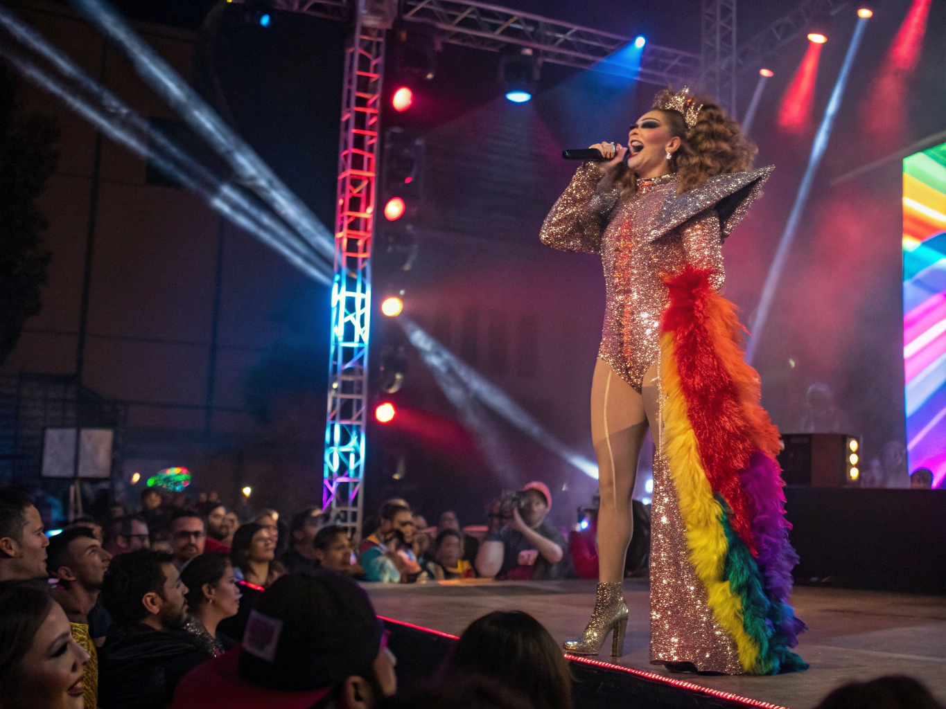 Drag performer in high-fashion couture under Electric Orchid neon lights